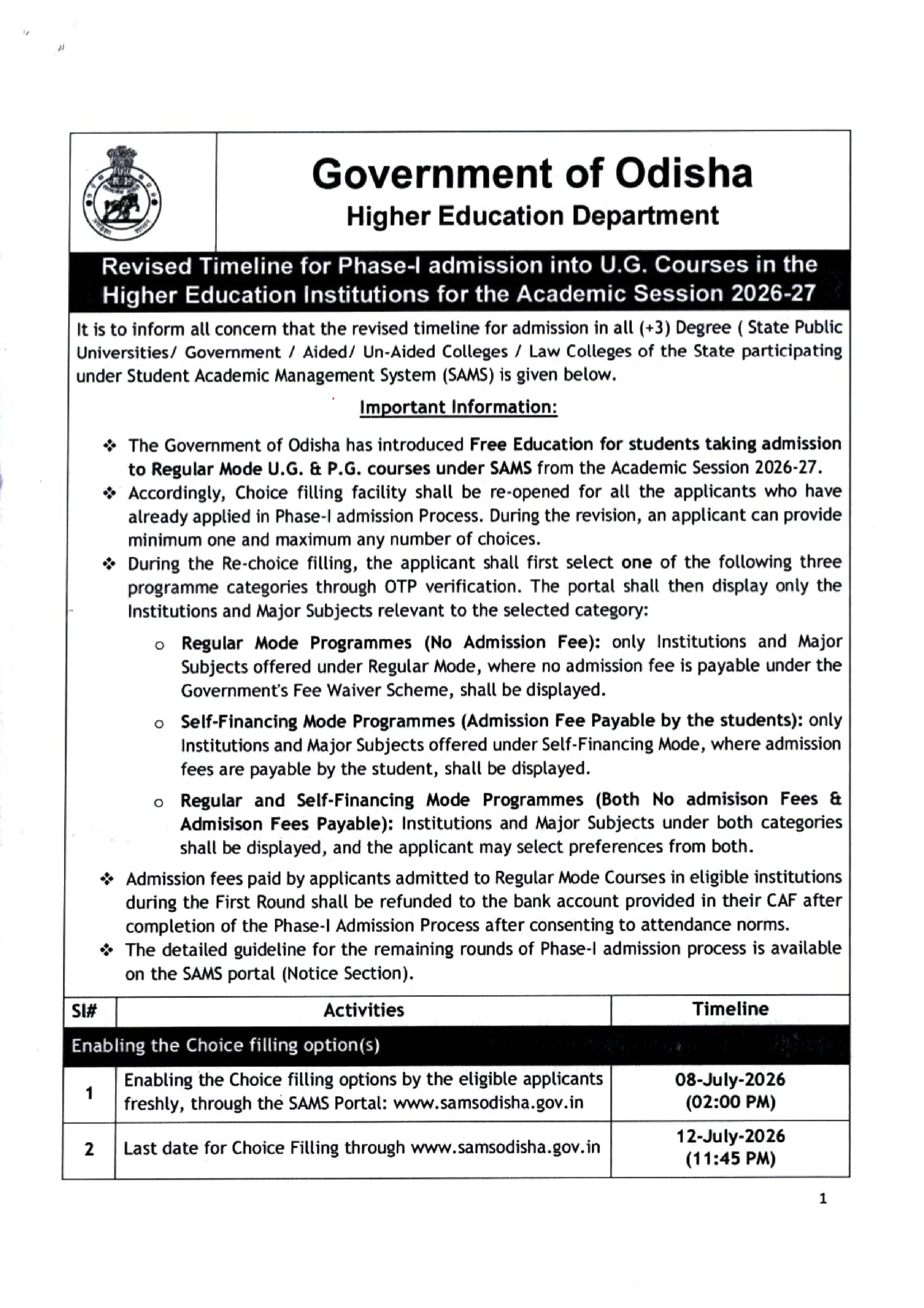Odisha Government to Refund Admission Fees for First-Round Students Enrolled in Regular Courses